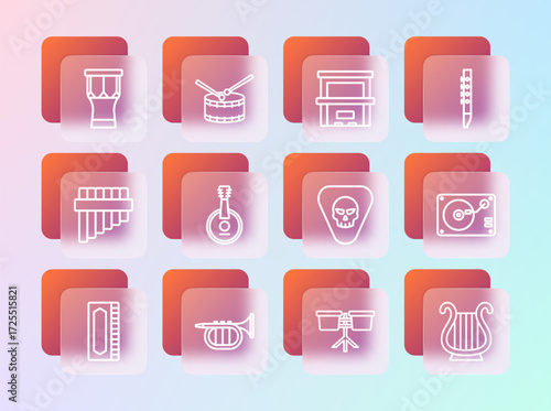 Set line Flute, Trumpet, Guitar pick, Bongo drum, Banjo, Piano, African percussion and Drum with sticks icon. Vector