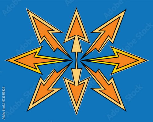 Stylized Starburst of Arrows: Abstract Directional Design on a Bright Blue Background