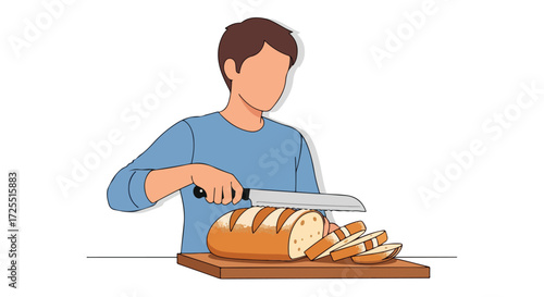 Artistic depiction of a man slicing fresh loaf of bread, showcasing the joy of homemade food and simple culinary pleasures in life