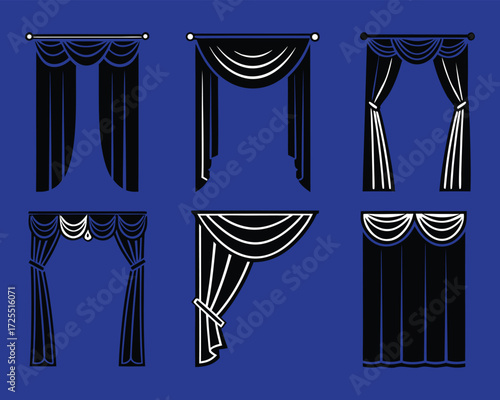 Different Types of Black and White Window Curtains and Drapes Illustration