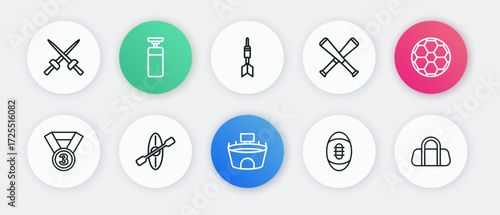 Set line Stadium, Soccer football ball, Medal, American Football, Crossed baseball bat, Dart arrow, Sport bag and Kayak and paddle icon. Vector