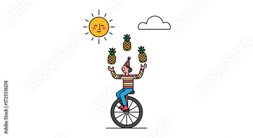 Whimsical illustration of a performer balancing pineapples on a unicycle under a cheerful sun and a fluffy cloud