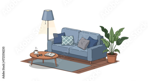 Cozy and inviting cartoon-style interior scene showcasing comfort with a sofa, reading material, and a refreshing beverage with gentle lighting