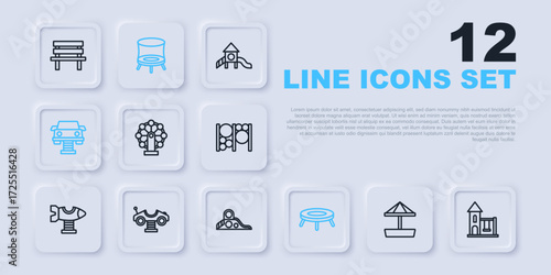 Set line Sandbox with sand, Swing for kids, Ferris wheel, Jumping trampoline, car, and Slide playground icon. Vector