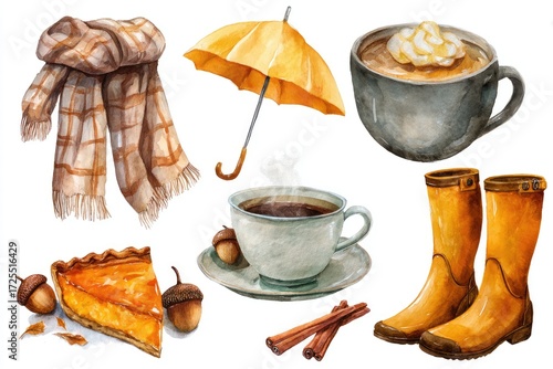 Cozy autumn set with coffee and rain boots