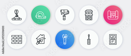 Set line Adjustable wrench, House plan, Bricks, Screwdriver, Chimney, Paint roller brush, Window room and with trowel icon. Vector
