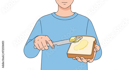 Illustration of a person spreading butter on a slice of toast in a simple and clean style, using minimal colors and clear lines to convey a sense of
