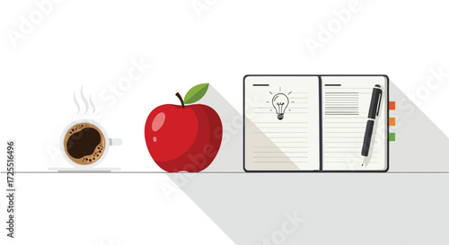 Creative workstation featuring notebook, pen, coffee and apple for innovative workflow vector illustration design