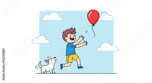 Animated illustration showcasing a young boy enthusiastically chasing after a red balloon with his loyal dog friend in a bright, cheerful,