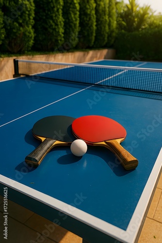 outdoor table tennis match ready setup with red and black paddles white ball and sunlit patio background
