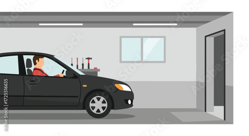 Illustration depicting a man driving a black car inside a well-lit garage with repair tools visible on the workbench nearby