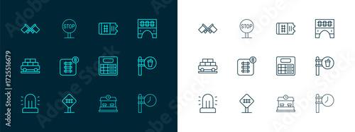 Set line Bridge for train, Railroad crossing, Train station board, Railway, Online ticket booking, Flag and Stop sign icon. Vector