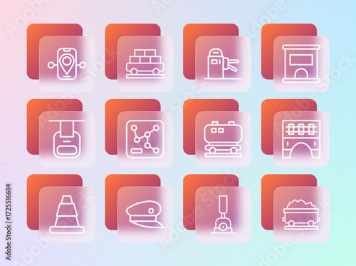 Set line Ticket office to buy tickets, Train driver hat, Oil railway cistern, Arrow for switching the, Railway map, Turnstile, Route location and Cargo train wagon icon. Vector