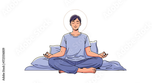 Serene awakening: A youthful character finding balance through morning meditation, fostering mindfulness and calm in a peaceful bedroom setting
