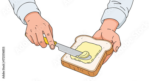 Animated Image Demonstrating Spreading Butter on Bread Slice Using Butter Knife In Home Kitchen Breakfast Preparation Scene