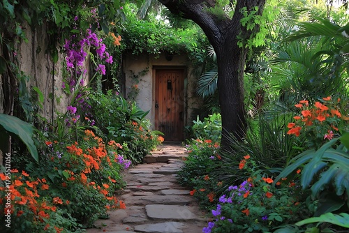 Fototapeta Naklejka Na Ścianę i Meble -  A garden pathway adorned with vibrant flowers and a wooden door, surrounded by lush foliage, inviting you into a world of natural beauty.