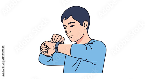 Illustration of a thoughtful young man inspecting his smartwatch with a concentrated gaze in a light blue t-shirt on a white background