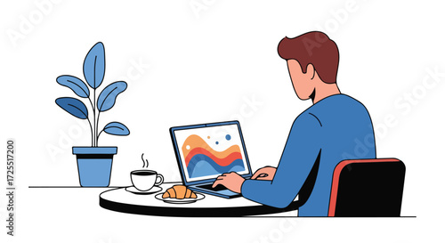 Person working remotely with laptop, coffee, and plant, illustrating a modern workspace setup, digital nomad lifestyle, and productivity concept