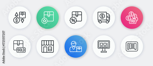 Set line Buyer, Tax payment, Sold, Online shopping on screen, Armored truck, Cardboard box with discount, Barcode and Market store icon. Vector