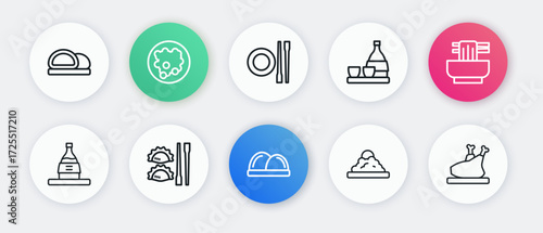 Set line Sushi, Asian noodles in bowl, Bottle of sake, Rice, Food chopsticks with plate, Roasted turkey or chicken and Dumpling icon. Vector