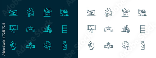 Set line Oil platform in the sea, pipe with valve, Pie chart and dollar, drop symbol, gas industrial factory, pump pump jack and icon. Vector