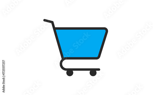 A simple, clean, blue shopping cart icon on a white background, representing e-commerce and online shopping.
