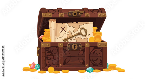 A cartoon illustration of an open treasure chest filled with gold coins, jewels, a key and an old map, exuding mystery and adventure