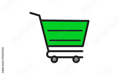 Green shopping cart icon with black outline and wheels.