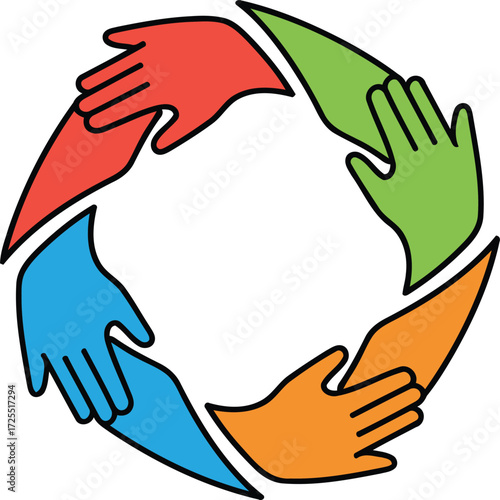 Collaborative teamwork brings vibrant unity with colorful hands joining together in partnership for all