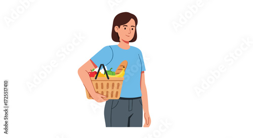 Woman carrying a basket full of fresh food items illustration, health and wellness concept depiction of mindful eating lifestyle and well being for