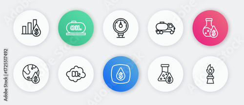 Set line Oil drop with dollar symbol, petrol test tube, Tanker truck, Motor gas gauge, rig fire and CO2 emissions in cloud icon. Vector
