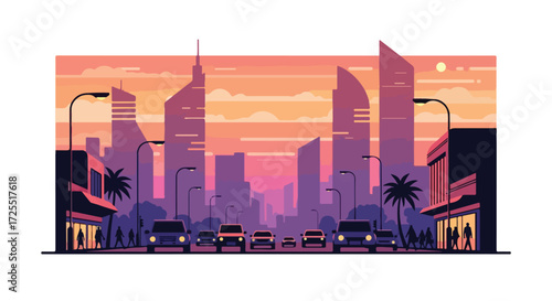 Stylized urban landscape with pastel sunset, featuring stylized buildings, traffic, and pedestrian activity offering a modern and artistic cityscape