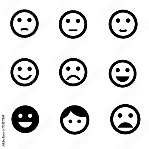 Set of Black and White Emoji Faces – Happy, Sad, Neutral, Smiling, and Emotional Expression Icons Vector Collection