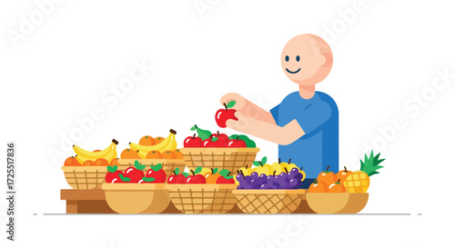 Vibrant marketplace scene with a vendor surrounded by abundant baskets of fresh fruits, perfect for healthy lifestyle, food, and market themes