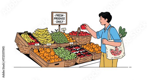 Market visit with seasonal fruits and vegetables, promoting local agriculture and healthy lifestyle, vibrant colors