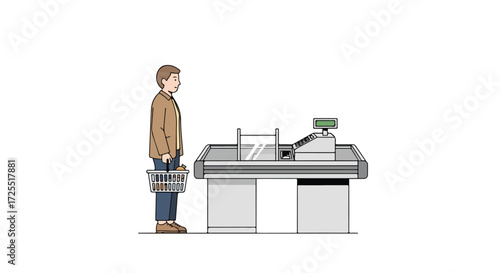 Awaiting his turn at the register, a shopper stands patiently in line at the checkout of a supermarket ready to purchase groceries