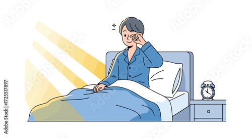 Illustration of a man waking up in the morning with sunlight streaming in through the window feeling refreshed after a nights sleep