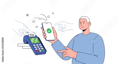 Illustration of a person making a contactless payment with their smartphone at a point of sale terminal, showcasing digital financial transactions