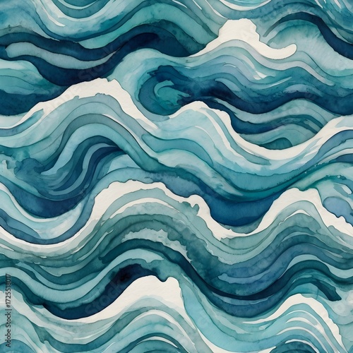 Repeating wallpaper pattern of abstract watercolor waves in blue and turquoise, soft brush strokes, artistic and modern seamless design,Generative Ai
