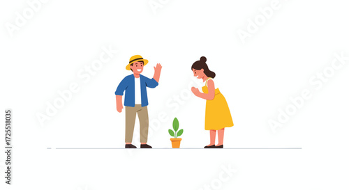 Cheerful gardener and appreciative woman celebrating the growth of a young plant together a symbol of care and shared joy in nurturing life