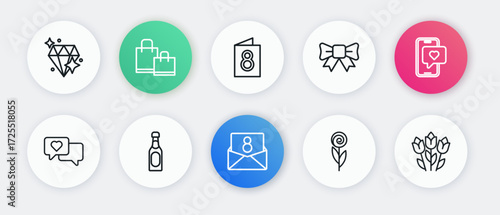 Set line Envelope with 8 March, Mobile heart, Heart in speech bubble, Flower, Gift bow, Greeting card, tulip and Champagne bottle icon. Vector