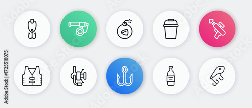 Set line Fishing hook, harpoon, jacket, Bottle of vodka, bucket, Bomb, lure and Spinning reel for fishing icon. Vector