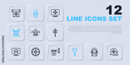 Set line Medieval throne, Crusade, Fleur lys or lily flower, Battle hammer, Shield with swords, Round shield, Castle tower and Trumpet flag icon. Vector