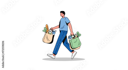 Man carrying grocery bags after shopping in a simple line illustration, consumerism and purchasing power represented in minimalist design of a store
