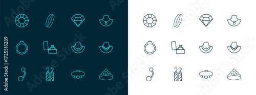 Set line Necklace on mannequin, Earrings, Bracelet jewelry, Diamond engagement box, and Wedding icon. Vector