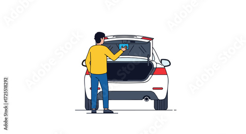 Man meticulously cleans the interior of his white sedan's trunk, showcasing automotive care and attention to detail using a blue cloth for a