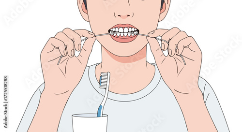 Illustrated depiction of a young person practicing diligent oral hygiene, utilizing dental floss for maintaining healthy teeth and gums in a