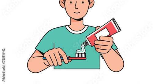 Morning Oral Hygiene Routine: Cartoon Illustration of a Man Applying Toothpaste to Brush for Dental Care Practice