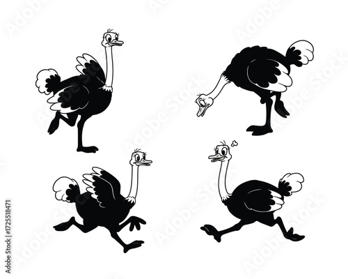 Four stylized black and white cartoon ostriches in various dynamic running and standing poses against a white background