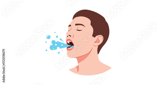 Person gargling with mouthwash or performing oral hygiene routine on white background to refresh breath illustration